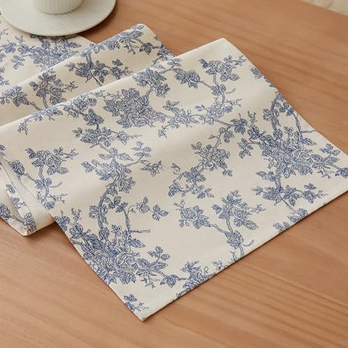 YZJZEDS 100% Cotton French Pastoral Table Runners, 13x72 Inch Blue Farmhouse Table Runners 72 Inches Long, Vintage Flowers Print Home Decors