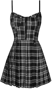 gothic lace up waist plaid irregular dress Gothic Style Black and Gray Plaid Lace Dress, Black / M (Bust 74-88cm)