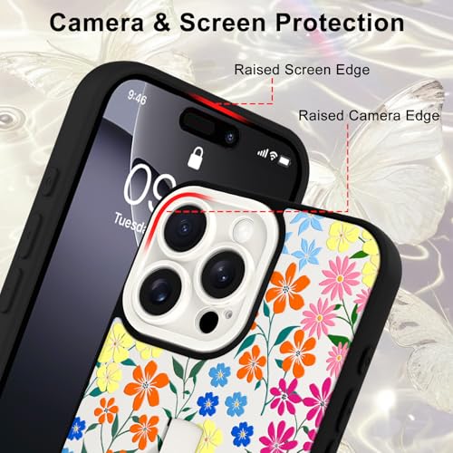 Image of for iPhone 16 Pro Case with Finger Strap Holder, Cute Colorful Floral Flower Print Pattern Design for Women Girls, Shockproof Anti Scratch Hand Kickstand Protective Cover, White
