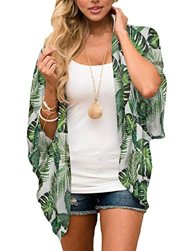 Chunoy Women Floral Short Sleeve Palm Beach Wear Cardigan Shawl Casual Chiffon Kimono Cover Up Light Green Medium #TOP1