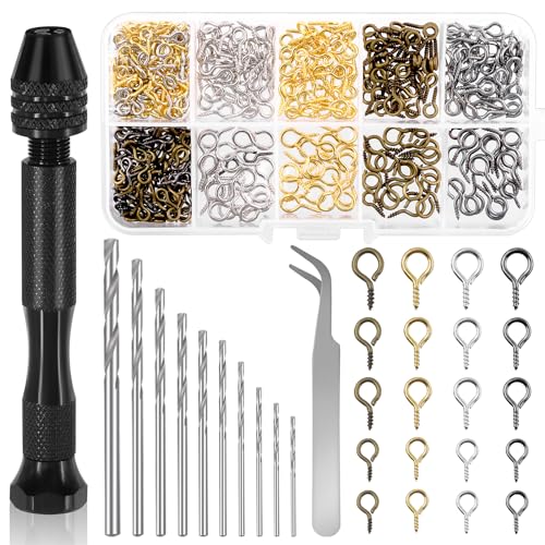 Tanstic 492Pcs Hand Drill Set, Pin Vise Hand Drill with Micro Mini Twist Drill Bits, Bent Tweezer and 480Pcs Screw Eye Pins for Resin DIY Jewelry Making Miniature Crafts