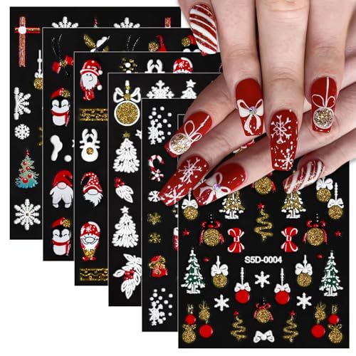 6 Sheets Christmas Nail Art Sticker 3D Self Adhesive Acrylic Sticker Classic Santa Claus Christmas Tree Penguin Snowflake Exquisite Design Embossed Nail Decal Nail Art Supplies Christmas Nail Art