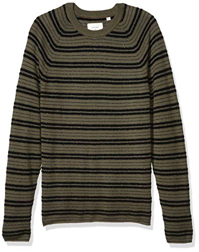 Billy Reid Men's Cotton Silk Speckled Long Sleeve Boucle Crewneck Sweater, Olive Stripe, M