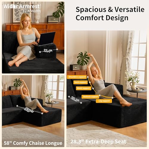 Image of 110 inch No Assembly Compression Boneless in a Box Cloud Sectional Couches for Living Room L-Shape Couch Sleeper Sofa, Modern Modular Corduroy Reclining Comfy Fluffy Memory Foam Furniture for Home Black