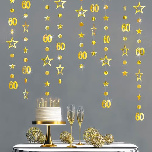 Zhiaek 12m 60th Birthday Decorations Gold 60th Birthday Banner Number 60 Circle Dot Star Garland Paper Decorations Hanging for Holiday Wedding Anniversary Theme Party Supplies
