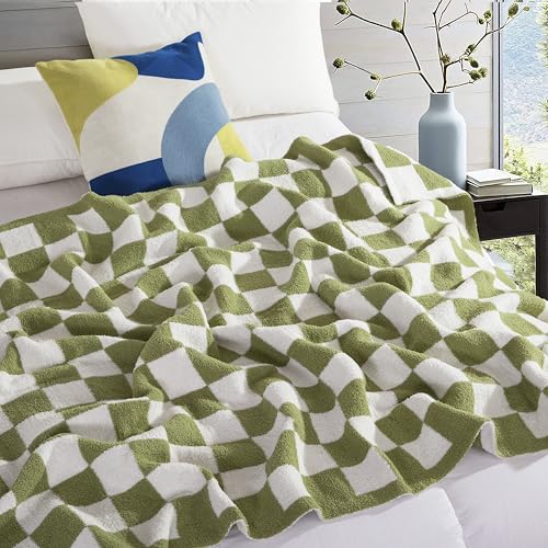 Image of Elegant Comfort Checkered Throw Blanket, Sage Green Super Soft Cozy Fluffy Warm Throw Blankets for Couch, Sofa, Chair, Bed, Camping, Picnic, Travel Lightweight Bed Blanket (50 inch x 70 inch)