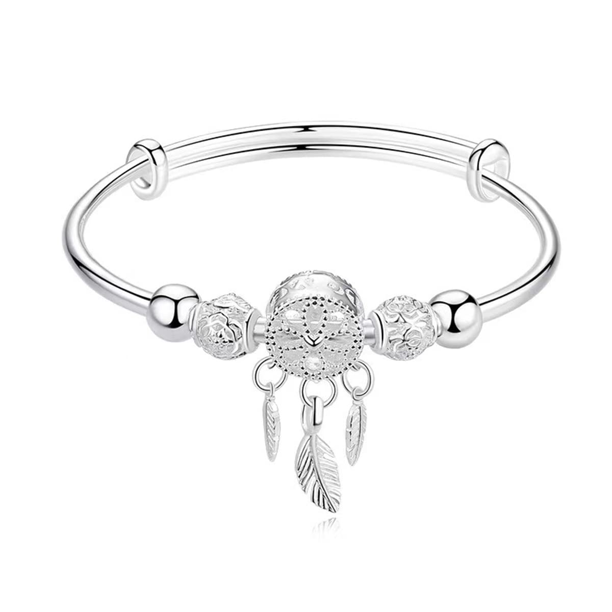 Chereda Hermosas pulseras y brazaletes de plata de ley 925 con apertura de plumas y hojas para mujer, accesorios para niñas y mujeres, regalo de joyería de moda, 8.3 inch, Plata