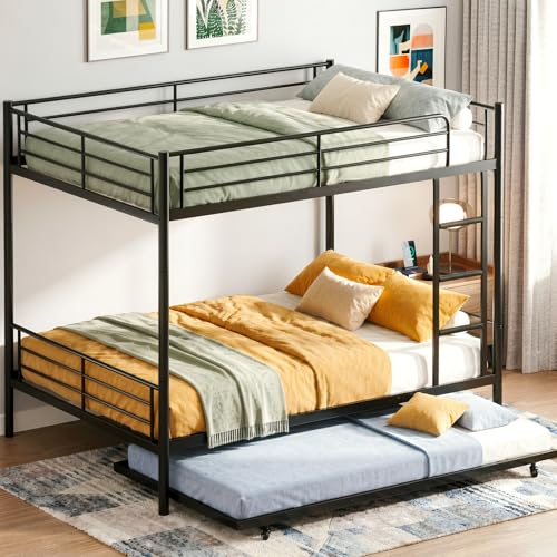 Mixcous Full Over Full Bunk Bed with Trundle Heavy Duty Metal Bed Frame with Full-Length Guardrails & Ladder 3-in-1 Convertible Full Bunk Bed Noise-Free No Box Spring Needed Black