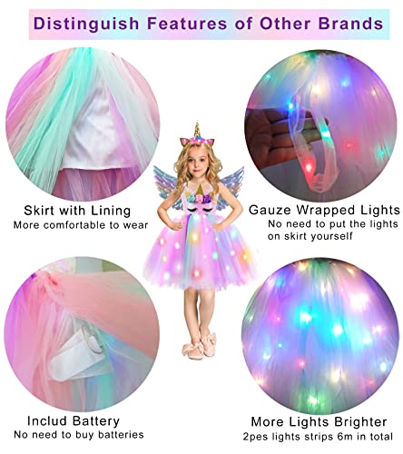 Girls Unicorn Rainbow Tutu Dress Led Light Up Halloween Christmas Decorations Birthday Party Princess Outfit Kids 3 4 Year Old Girl Gifts With Headband Wings Disney Fairy Costumes Pink 3T 4T #TOP1