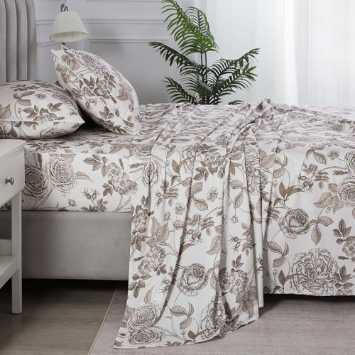 Image of Vintage Brown Floral Percale Bed Sheets, Queen Size 100% Cotton Deep Pocket Botanical Flower Farmhouse Sheet Set, Crisp Shabby Chic Toile Sheets, French Country Bedding, Cream White, 4Pcs