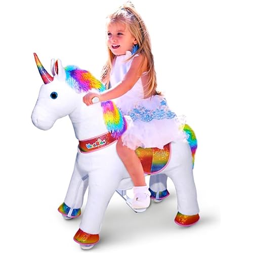 WondeRides Ride on Unicorn Horse Rainbow Pony Cycle Toy, 30.1 Inch Height Riding Pony Unicorn Toy Plush Rocking Mechanical Walking Animal with Wheels No Battery Size 3 for Kids 3-4 Years M332