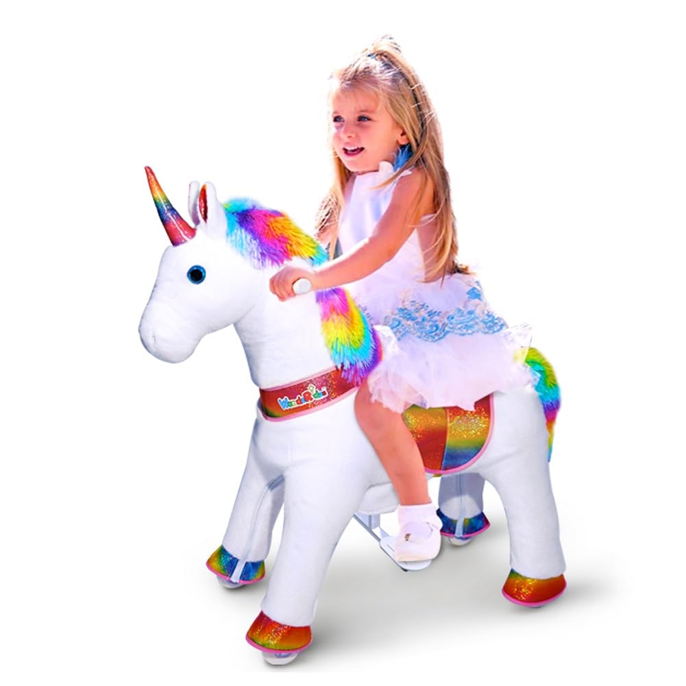 WondeRides Ride on Unicorn Horse Riding Pony Cycle Toys with Rainbow Glowing Wheels Size 4 for Age 4-9, 36 inch Height Riding Horse Unicorn Plush Giddy up Mechanical Toy for Child Boys Girls M432