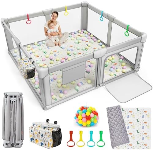 Foldable Baby Playpen with Play Mat, 71x59 Extra Large Foldable Playard with Portable Design, Indoor & Outdoor Baby Fence, Safety PlayYard for Babies, Toddlers, Kids and Children’s