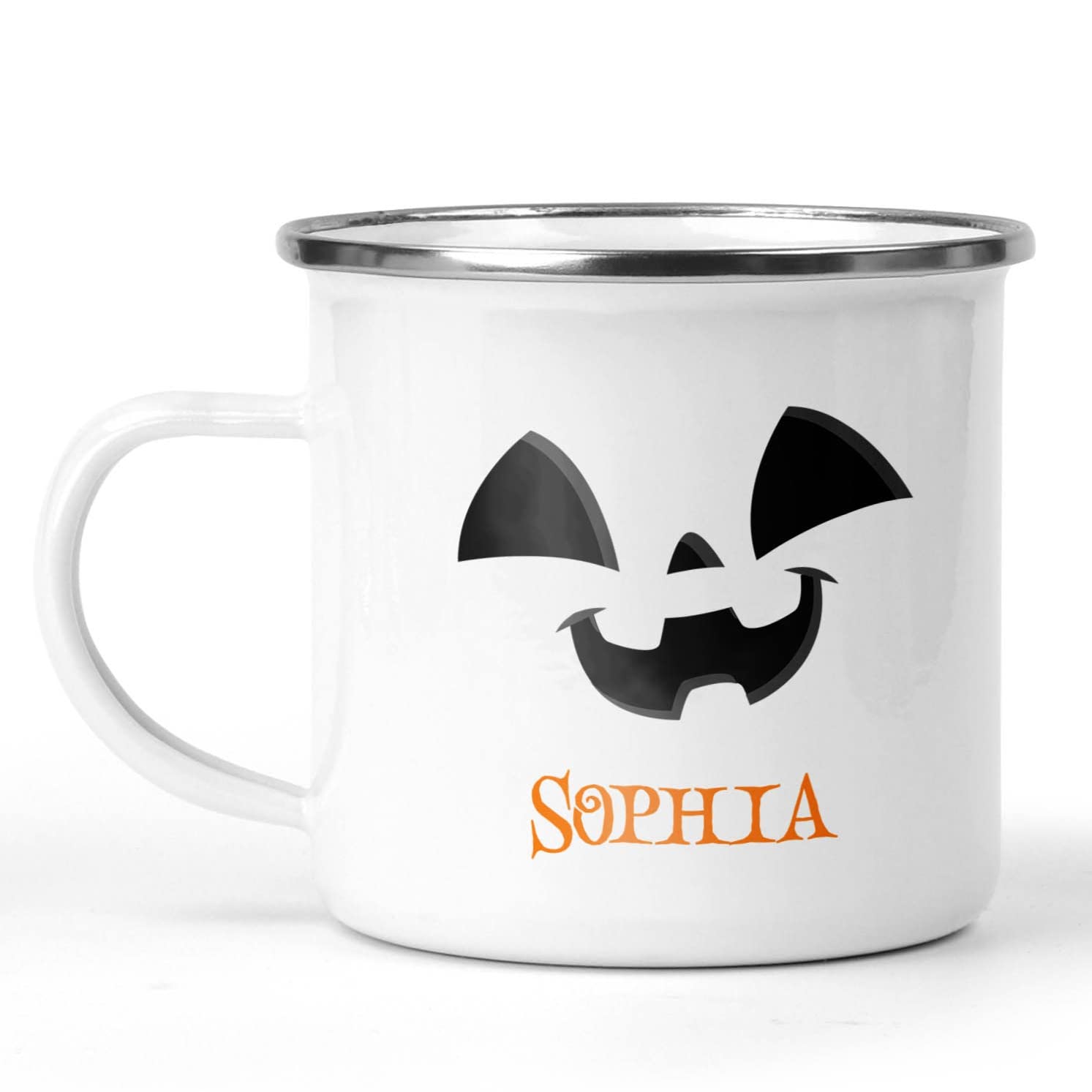 Personalised Halloween Enamel Mug 12 oz Jack O Lantern Face Kids Name White Metal Cup