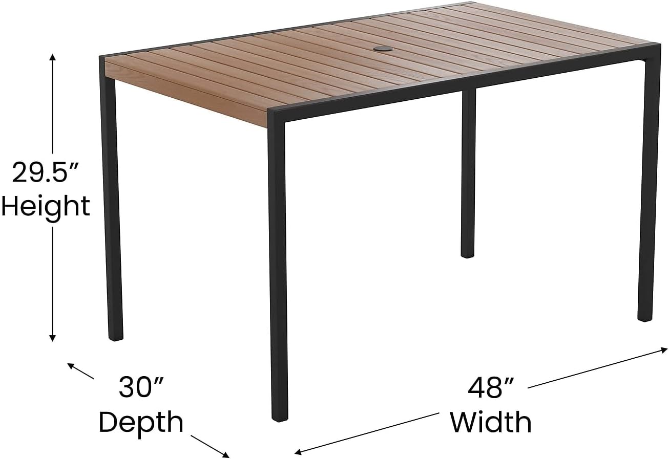 Flash Furniture 5 Piece Patio Table Set - Synthetic Teak Poly Slats - 30" x 48" Steel Framed Table with 4 Faux Teak Chairs