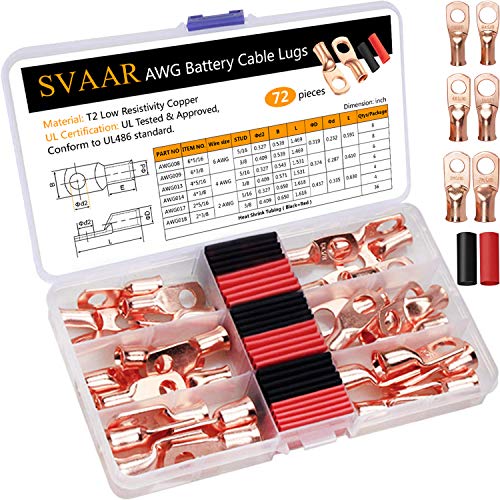 SVAAR 72pcs UL Listed AWG Copper Wire Lugs Assortment Kit 2 Gauge 4 Gauge 6 Gauge with 5/16