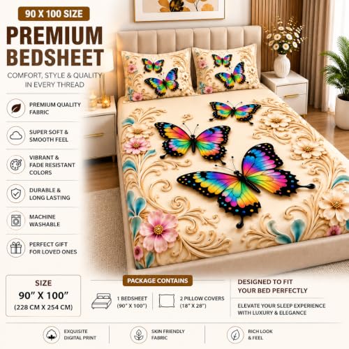 Image of DECORUM Premium Digital Butterfly Printed BEDSHEET (90 X 100) Inch with 2 King Size Pillow Covers - HIGH-Definition Design & Superior Comfort (Heavy Quality) BEDSHEET Rainbow Butterfly Elegance