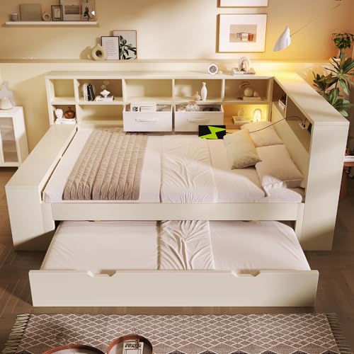 Generisch Cama individual de 140 x 200 cm en color blanco, cama de madera con cama nido, compartimentos de almacenamiento en tres lados, puertos de carga USB y tipo C, ahorra espacio, sin colchón