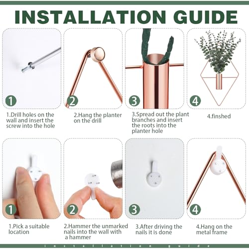 Image of Jexine Hanging Planters with Artificial Eucalyptus Metal Hanging Vase Indoor Plants Holder Modern Geometric Boho Bathroom Wall Decor for Living Room Home Office(Rose Gold,4 Pcs)