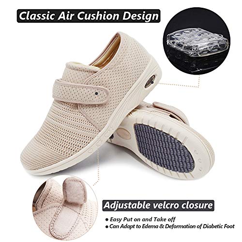 W&Lesvago Breathable Lightweight Adjustable Diabetic Shoes Wide Width Air Cushion Walking Sneakers For Women Swollen Feet(Beige,9) #TOP3