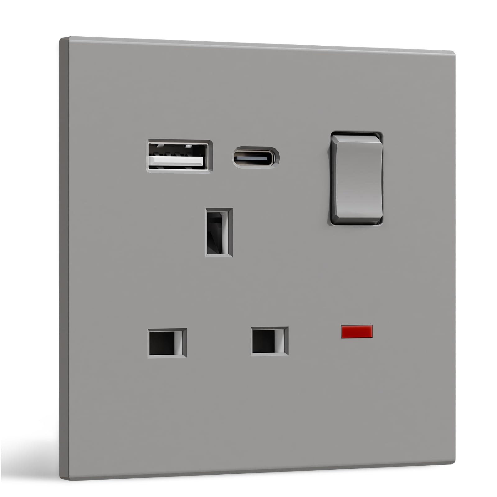 BSEED Single Socket with USB C, Electrical Single Switched Power Plug Wall Socket with LED Indicator, PC Wall Plate Outlet, Grey, 13A