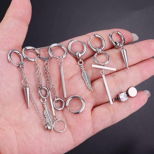 LOLIAS 21PCS Hoop Earrings for Men Women Stainless Steel Cross Feather Dangle Earrings Cool Chain Kpop Earrings Gold Silver Black