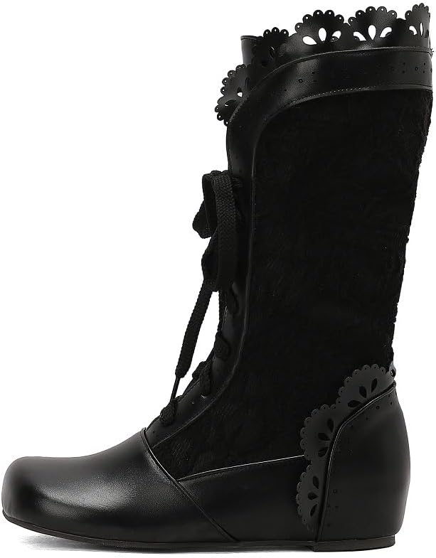 Stylish Women Victorian Boots Perforated Ruffles Lace up Cosplay Costumes Vintage Gothic Halloween Witch Height Increasing Shoes