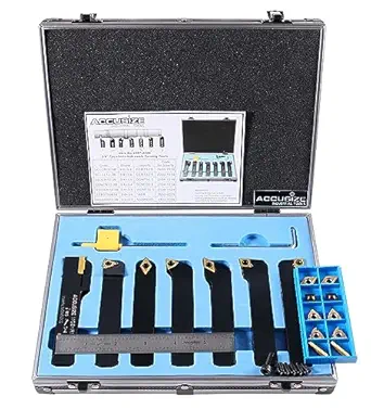 Accusize Industrial Tools 3/4'' Shank 7 Pc Indexable Carbide Turning Tool Set with 10 Extra Carbide Inserts in Fitted Box, 2387-2006plus
