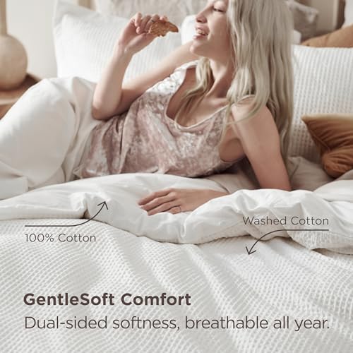 Image of Bedsure 100% Cotton Waffle Duvet Cover Set with Fitted Sheet, Queen, White | Waffle Texture, Breathable, Skin-Friendly, OEKO-TEX Certified, Good Housekeeping Seal, All-Season, Machine Washable