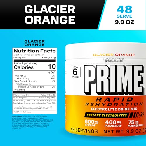Image of Prime Rapid Rehydration Electrolyte Powder, Glacier Orange, Sugar Free Hydration Drink Mix with Sodium, Potassium, Magnesium & B Vitamins to Replenish Fluids, Caffeine Free, 6 Gallon Tub, 48 SRV