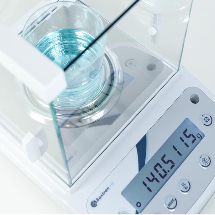 MBH - Balanza profesional de alta precisión con cabina corta vientos para laboratorio. Balanza analítica científica capacidad 210 g/precisión 0,0001 g con display LCD retroiluminado.