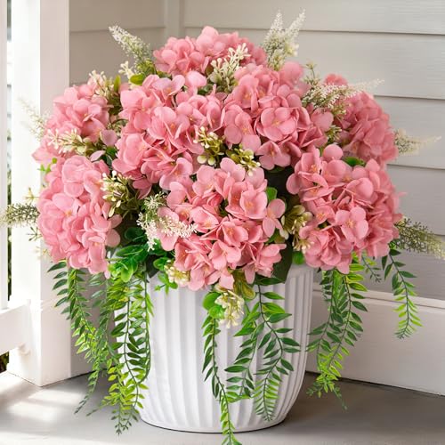 Ammyoo Artificial Hydrangea Flowers Silk Champagne Fake Flower with Eucalyptus for Outdoor Decorations UV Resistant Realistic Faux Plants for Garden Porch Window Box Indoor Table Decor