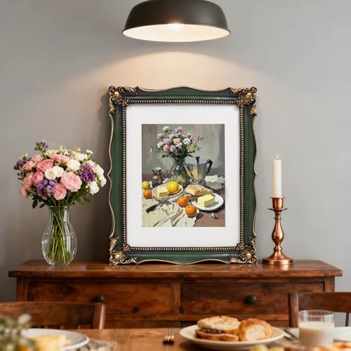 Image of Vintage 11x14 Picture Frame with Embossed Flower, Green Ornate Frame for 11x14 or 8x10 Photos with White Mat, Hand-Crafted Resin Antique Frames for Tabletop & Wall Hanging, Home Decor (Green )