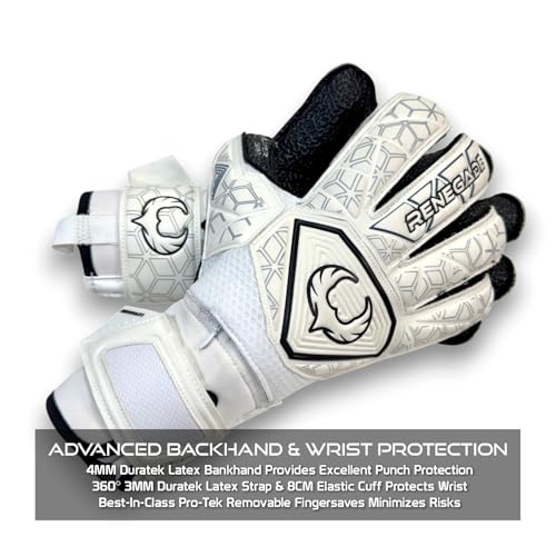 Image of Renegade GK Triton Polaris Goalie Gloves with Pro-Tek Fingersaves | 3.5+3mm Super Grip| White & Black Soccer Goalkeeper Gloves (Size 5, Kids, Boys, Girls, Roll Cut, Level 2)