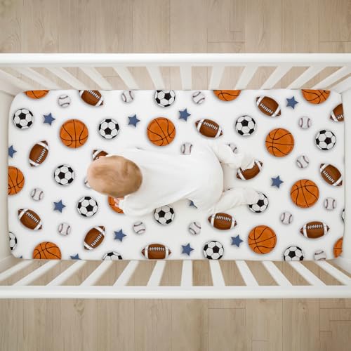 Image of 4 Pack Sports Baseball Crib Sheet Set for Boys, Neutral Soft Breathable Fitted Vintage Crib Sheet, Baseball Nursery Decor for Standard Crib and Toddler Bed Mattresses 28 x 52 in