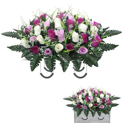 Lodou Cemetery Flowers for Grave,Headstone Flower Saddle,Flowers for Cemetery Grave Decoration Headstone Flower Saddle for Headstone Decoration (Purple White) image 7