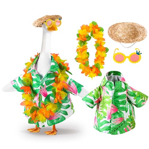 DECOHS 4 Pcs/Set Hawaiian Porch Goose Outfits Summer Lawn Goose Costume Yard Goose Clothes Hawaiian Wreath with Straw Hat Glasses for 23 Statue Patio Garden Decoration