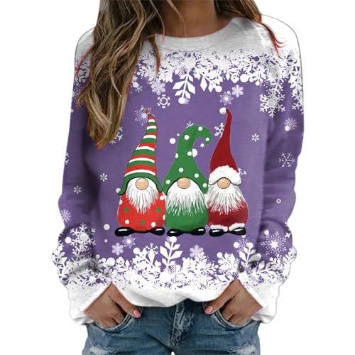 Sweatshirt femme col rond pull de Noël à la mode manches longues vêtement automne violet L
