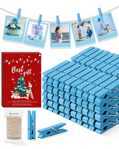 Clothes Pins Mini Clothespins Blue - 100 PCS Wooden Paper Photo Clips Tiny Colored Small Clothespins for Pictures with Jute Twine, Ideal for Baby Shower, Crafts, Home Office Decoration