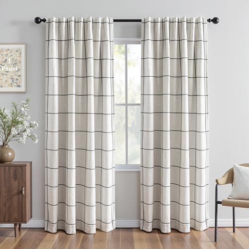 MYSKY HOME 100% Blackout Plaid Farmhouse Linen Curtains 84 Inch Long for Living Room Double Layer Windowpane Drapes Thermal Insulated Privacy Protection Rod Pocket Back Tab 52 W Black 1 Panel