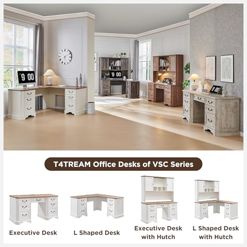 T4TREAM 59" Farmhouse Executive Desk with Drawers,Wood Home Office Computer Desk, Featuring Keyboard Tray,Charging Station,File Drawer, Storage Cabinet,for Work and Study (Antique White) - Thumbnail 5