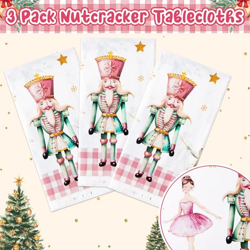 Image of 3 Packs Nutcracker Plastic Tablecloth Decorations, Pink Plaid Nutcracker Christmas Tree Disposable Waterproof Table Covers, Nutcracker Soldier Tablecloth for Dining Table Party Supplies