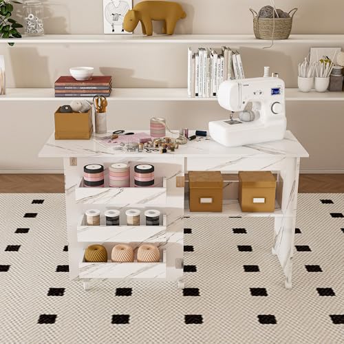 KEIKI 4-in-1 Folding Sewing Table with Storage, Lockable Wheels, Multi-Functional Sewing Machine Table, Crafting Desk, Sewing Cabinet with Shelves for Hobby & Home Use, White