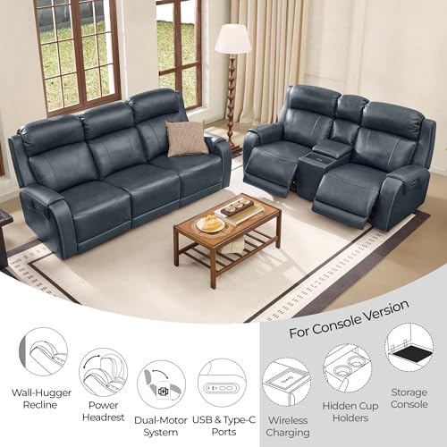 Image of CHITA Genuine Leather Power Recliner Sofa, 3 Seater Reclining Sofa, Navy