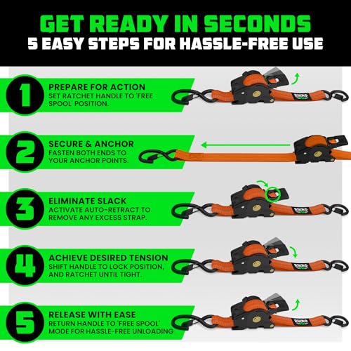 Image of Rhino USA Retractable Ratchet Straps (4-Pack) - 1 Inch x 10 Feet (1,209lb Break Strength) - Auto Self Retracting Tie Down Straps for Truck, Cargo Trailer, Motorcycle, ATV, UTV - Orange