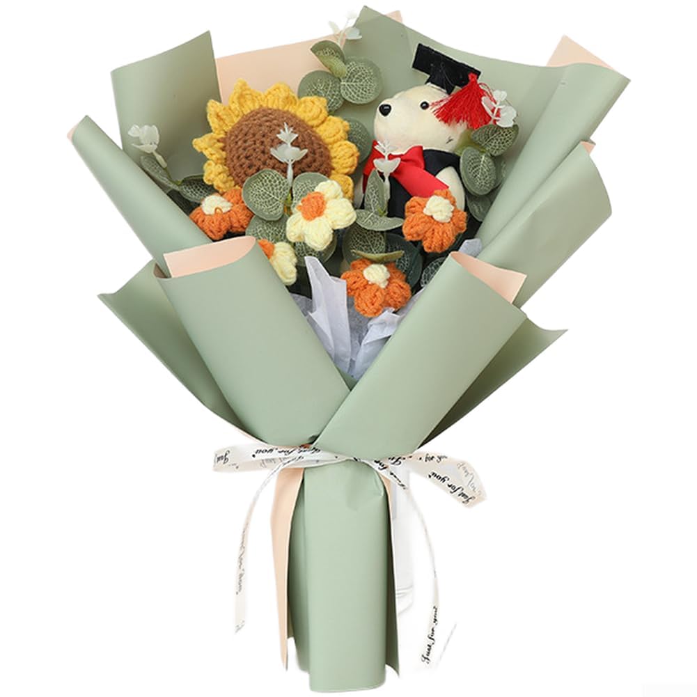 TVANTRUXIS Hand Woven Artificial Flowers, Sunflower Bouquet Multicolor Crochet Graduation Recognition Home Decor(Fruit Green)