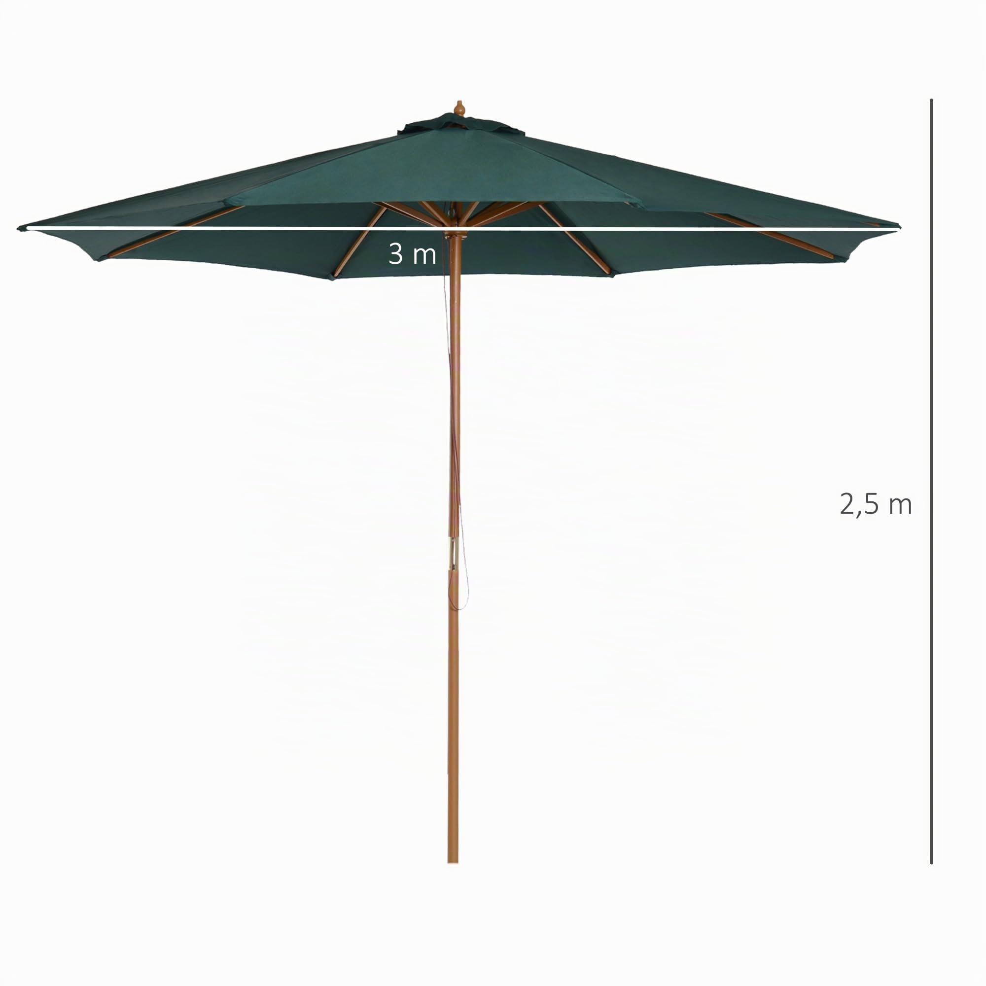 Outsunny Sombrilla Ø300x250 cm Parasol Poste de Madera 8 Varillas Verde | Sistema de Poleas, con Fijación, Jardín Patio Terraza Exterior