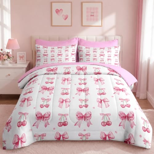 Image of Nesker Bow Comforter Set Queen Size, 7 Pieces Bed in a Bag, Pink Cherry Bow Bedding Set for Girls, Ribbon Bowknot Comforter Set with 2 Pillowcase & 2 Sham