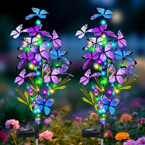 MRHEPHAESTUS Solar Garden Lights Outdoor Waterproof 2 Pack Solar Butterfly Lights with 60 LED 12 Butterfly Colorful Lighting for Garden Yard Lawn Outdoor Decor Gift for Mom Women Mothers Day