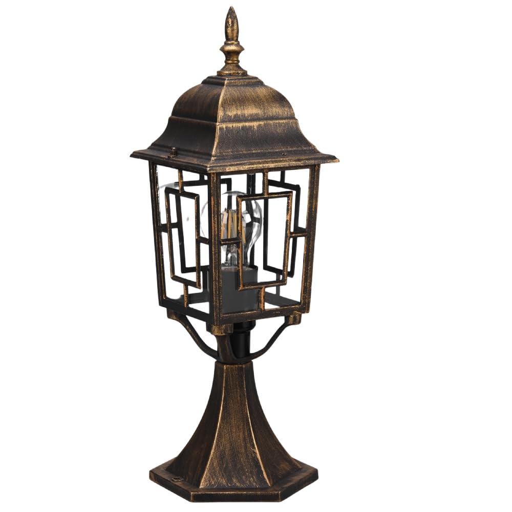 Britalia Black Vintage Outdoor Pedestal Post Light, Antique Brass, Clear Glass, 47X17x17cm, Ip44 Rated, E27